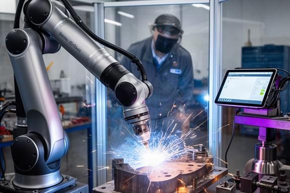 Cobot realizando soldadura de precisión en un taller metalmecánico de menos de 50 empleados en Cataluña