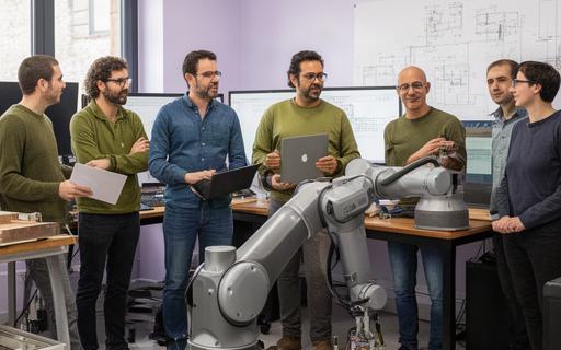 Equipo de ingenieros de robótica de IA en las oficinas de Ripoll, Cataluña, trabajando frente a un brazo robótico colaborativo