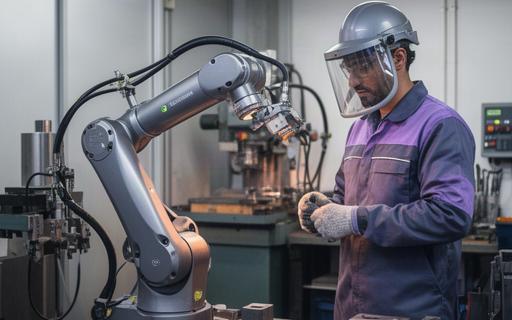 Robot colaborativo trabajando en un taller metalmecánico en Cataluña junto a un operario con equipo de protección